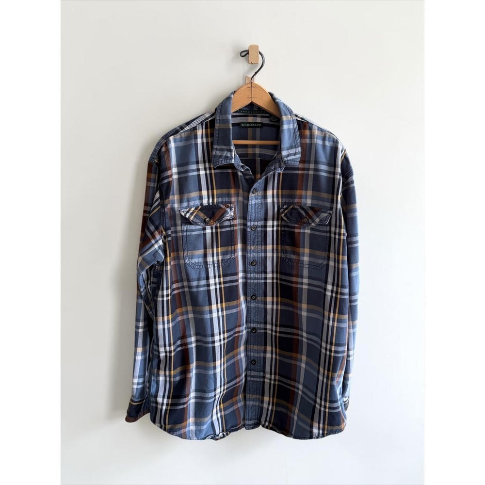 GH Bass & Co Mens XL Blue Plaid Flannel Button Down Shirt Long Sleeve Cotton